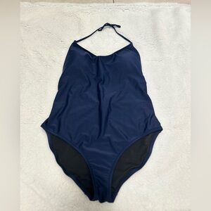 J Crew Navy Halter Open Back One Piece Swimsuit Size L